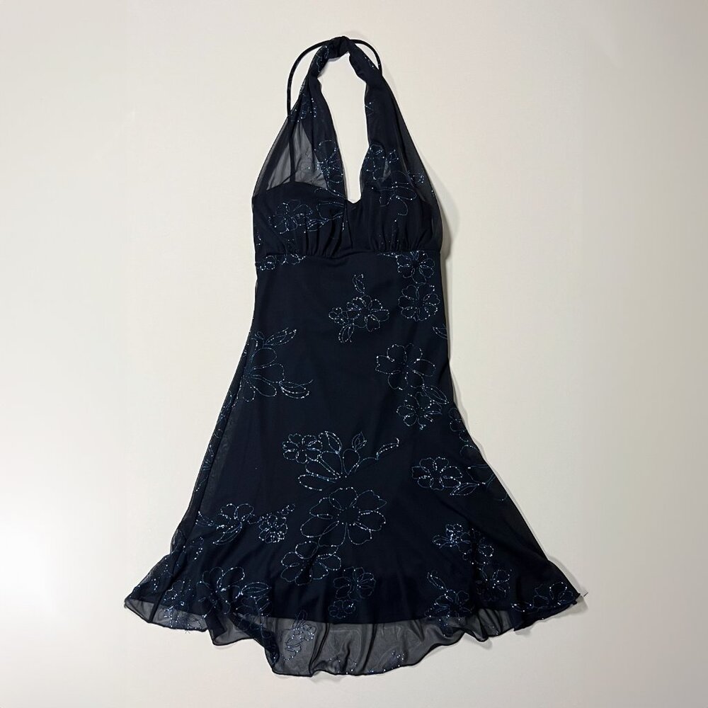 Y2K Lipstick Brand Halter Neck Floral Embellished Blue Dress